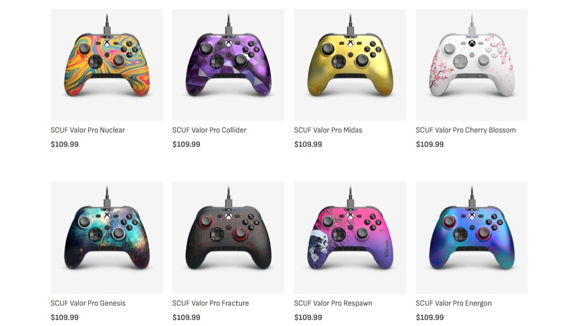 Image showing Scuf Valor Pro in various colors and patterns