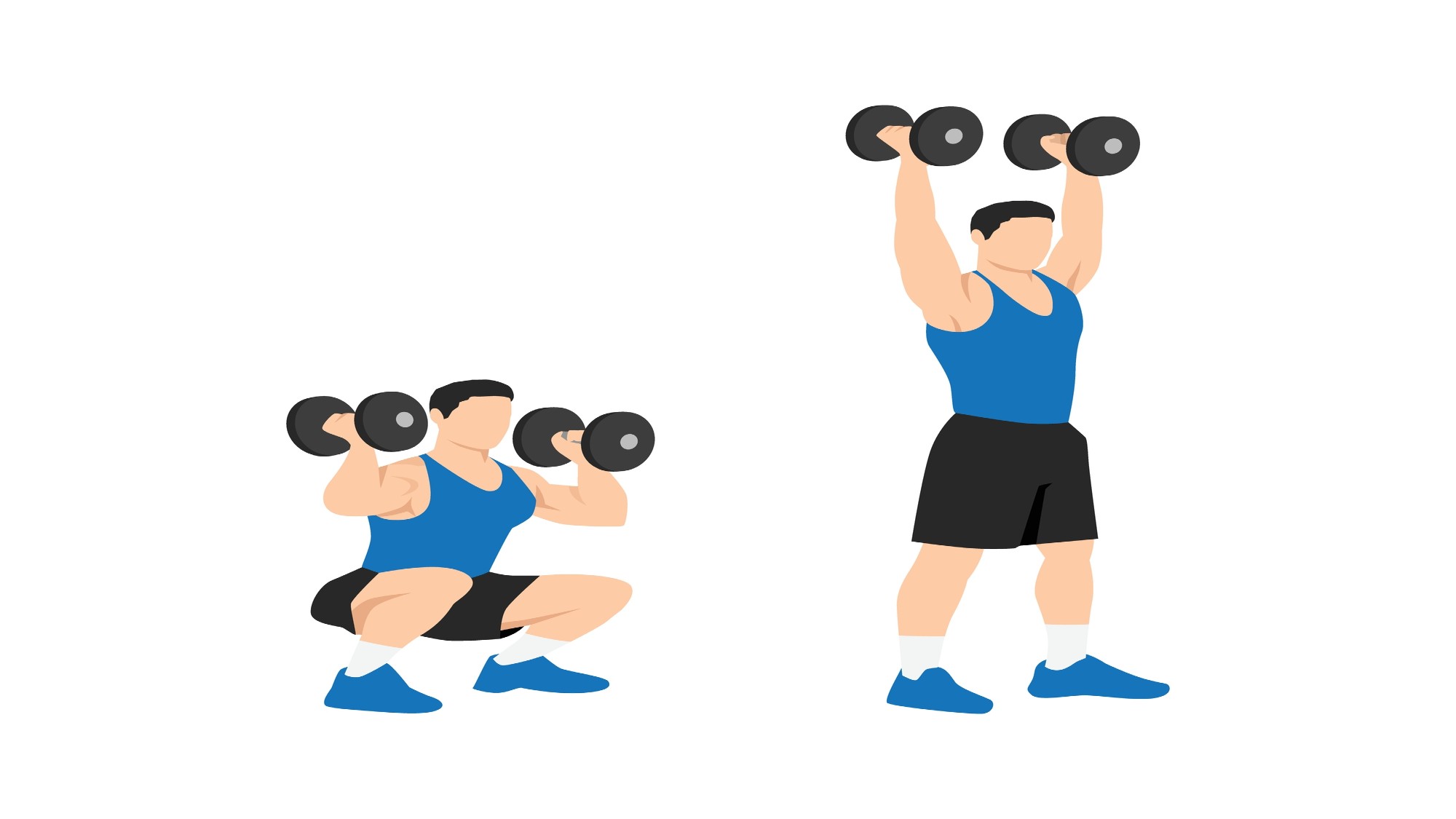 Vector of man doing dumbbell thrusters in two stages against white background