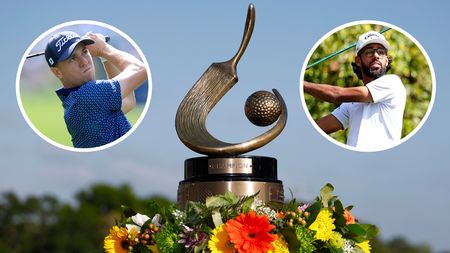 The Valspar Championship trophy, with Justin Thomas and Akshay Bhatia waiting to tee off