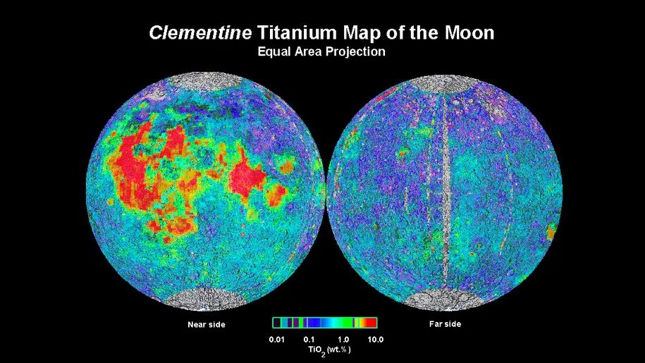 Two side by side images of the moon, the image on the left shows bright red regions surrounded by green whereas the image on the right shows mainly blue regions with some green.