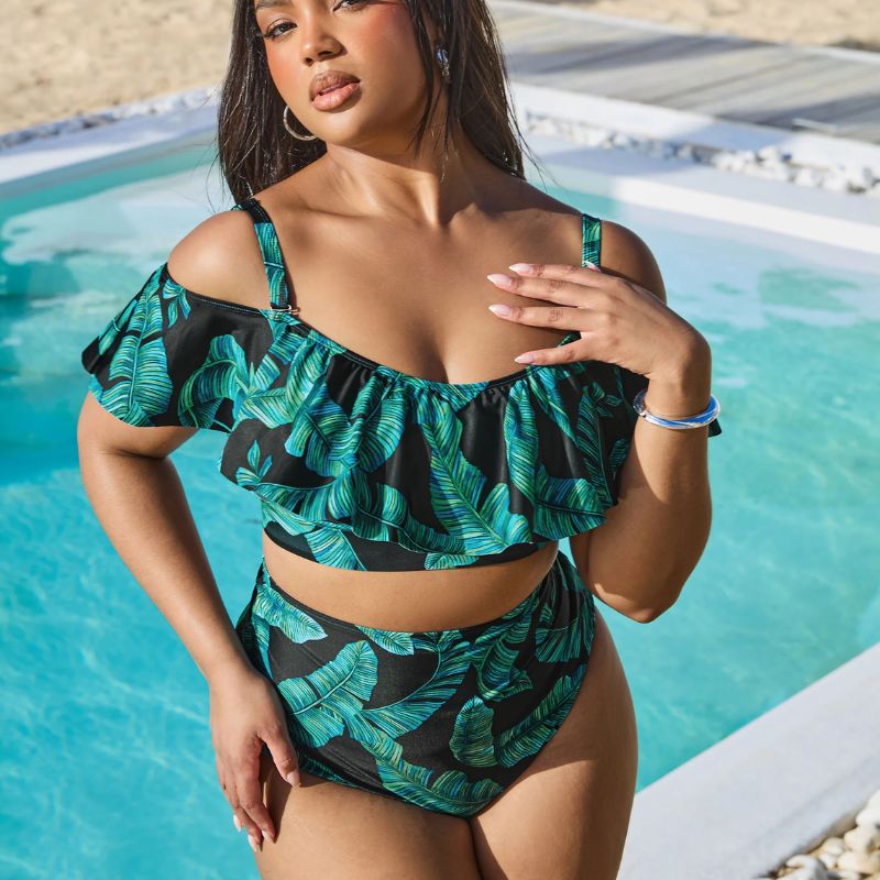 leaf print off the shoulders swimsuit