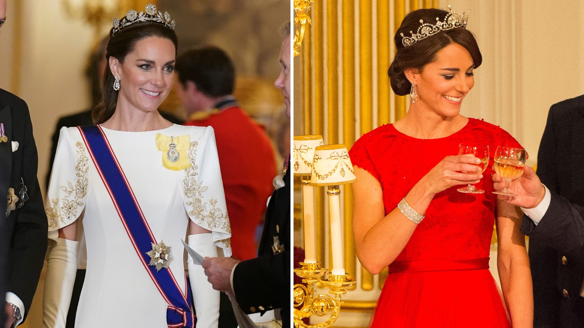 A composite of two pictures of Kate Middleton at two different State Banquets