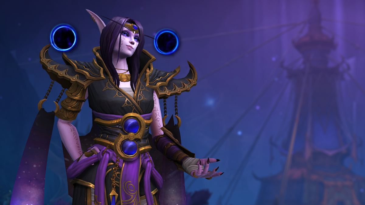 The central antagonist of World of Warcraft: The War Within, Xal&#039;atath, stands poised in a smug and self-assured way.