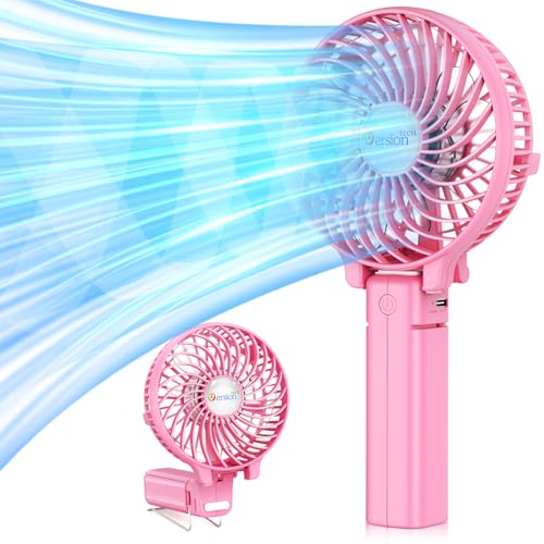 Versiontech. Portable Handheld Fan, Powerful+durable+4000mah+180° Foldable, Mini Table Fans With Usb Rechargeable Battery Operated Cooling Accessories for Personal Use, Travel, Office Pink