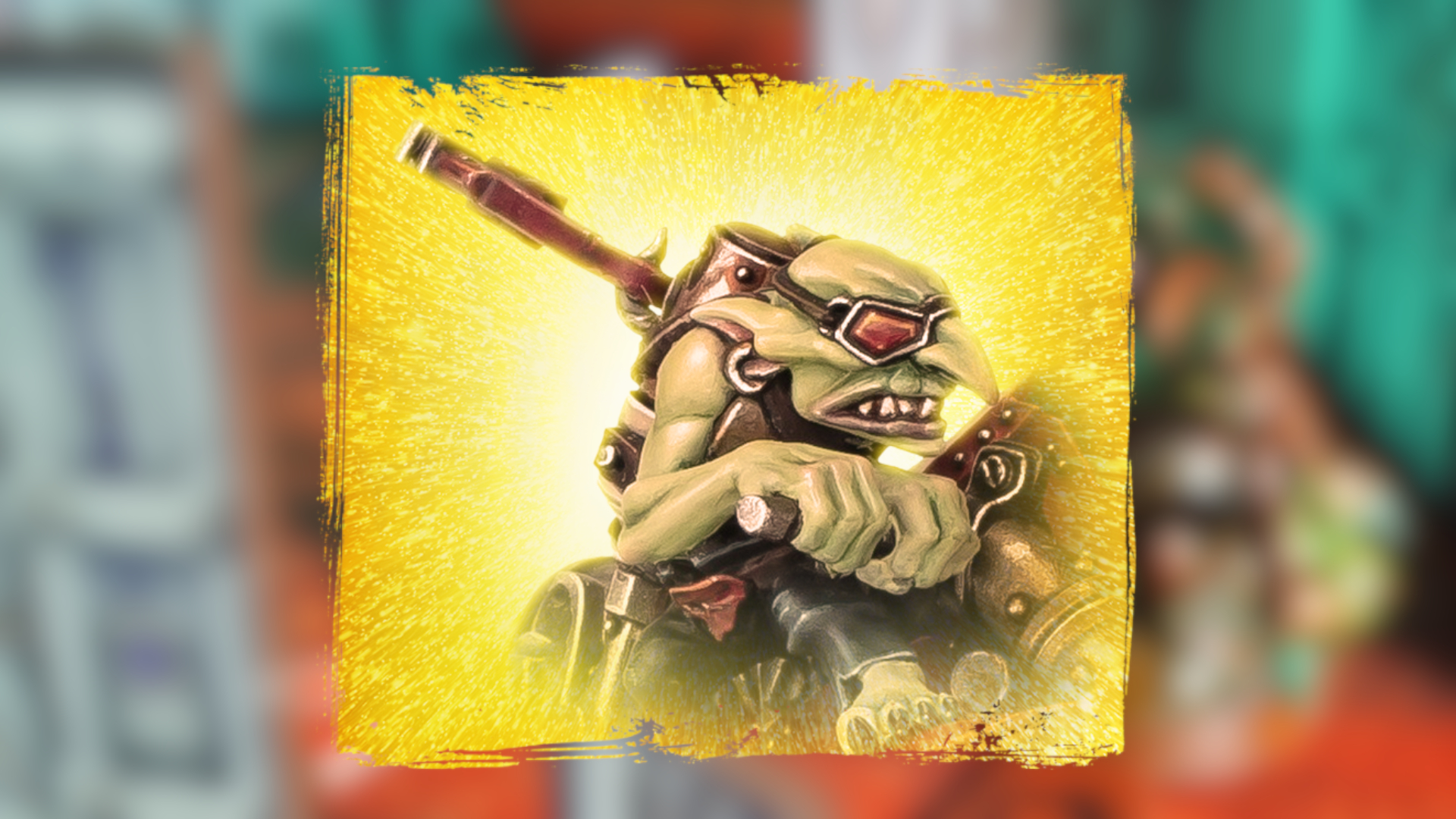 A model of a goblin-like Grot against a yellow flare background