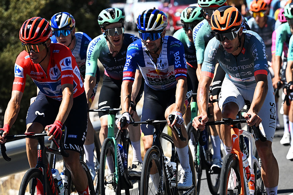 Enric Mas of Spain and Movistar Team - Red Leader Jersey, Primoz Roglic of Slovenia and Team Red Bull - BORA - hansgrohe compete in the peloton