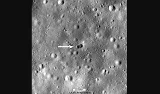 A rocket body impacted the moon on March 4, 2022 near Hertzsprung Crater, creating a double crater roughly 95 feet (29 meters) wide in the longest dimension, as seen in this photo taken by NASA's Lunar Reconnaissance Orbiter.