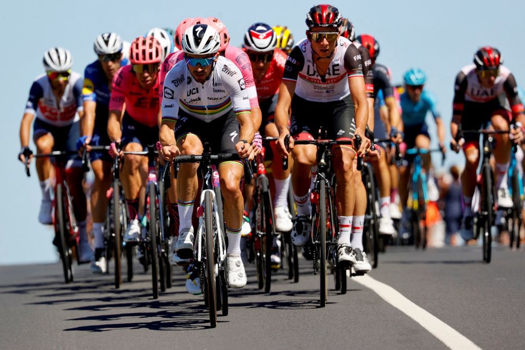 Team Deceuninck Quicksteps Julian Alaphilippe of France leads the pack during the 13th stage of the 108th edition of the Tour de France cycling race 219 km between Nimes and Carcassonne on July 09 2021 Photo by Thomas SAMSON AFP Photo by THOMAS SAMSONAFP via Getty Images