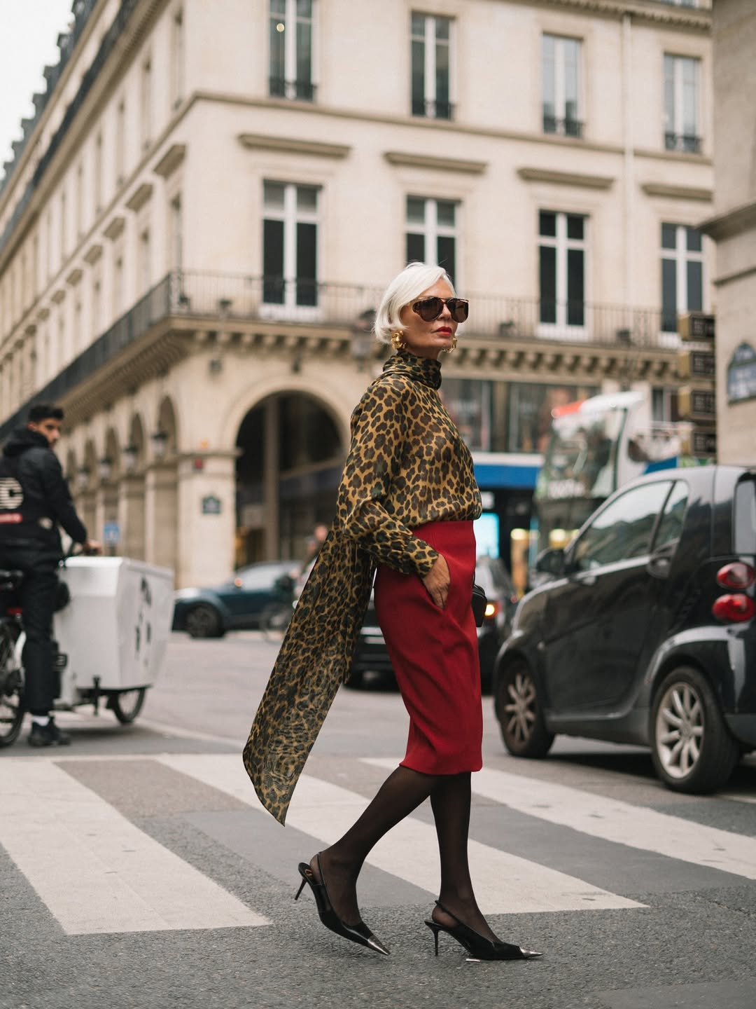 Grece Ghanem wearing Saint Laurent Jeanne slingback pumps with silver toes.