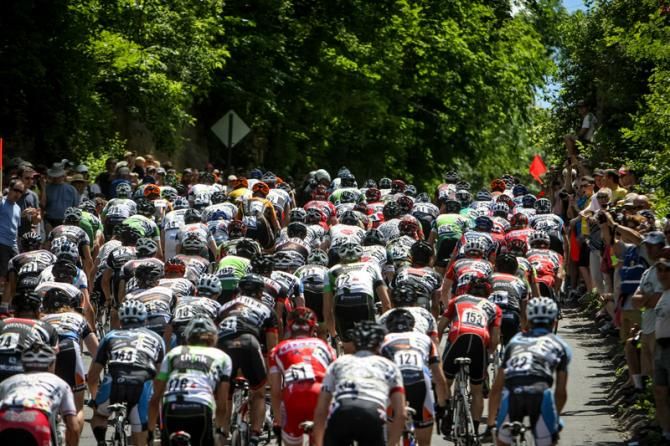 Today's large men's field hits the climb on the first lap.