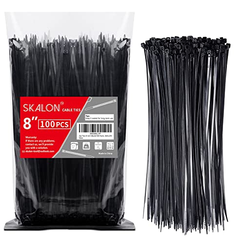 Zip Ties 8 Inch (100 Pack), 40lbs Tensile Strength, Black Cable Ties, Wire Ties for Indoor and Outdoor Use, by Skalon