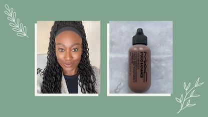 A collage of Kelle Salle who wrote this MAC Studio Face and Body Radiant Sheer Foundation review and the foundation in a bottle