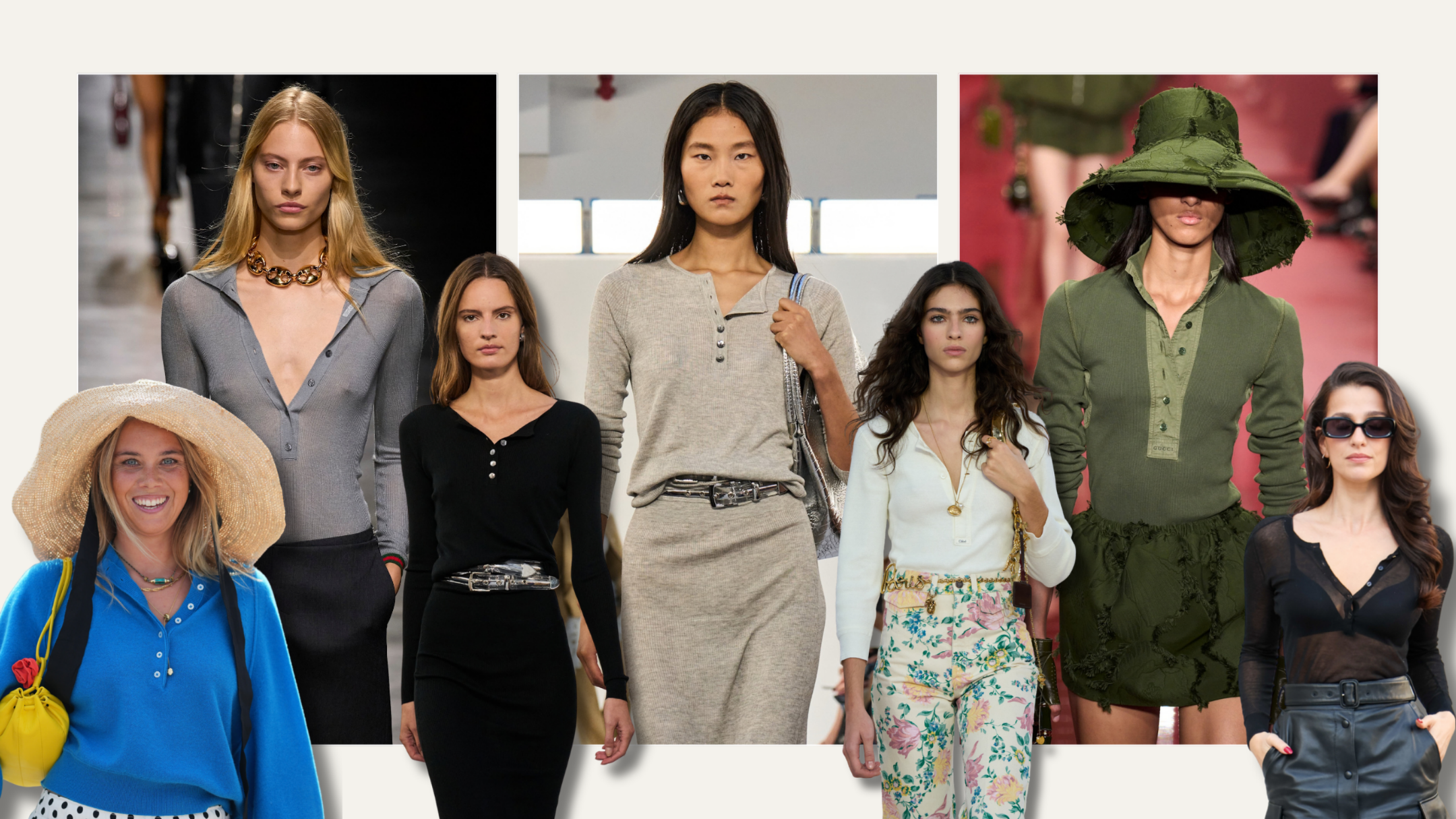 A collage of stylish people wearing the henley jumper trend