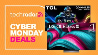LG and TCL TVs with a sign saying Cyber Monday deals