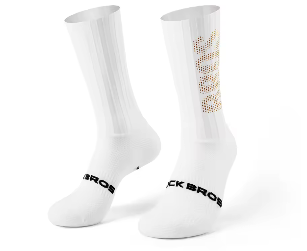 White and gold Rockbros aero socks on a white background