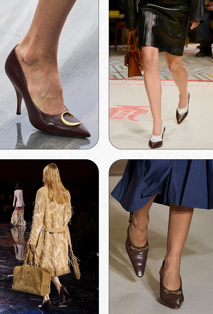 Heel color trends for 2026 are shown in a collage of runway and street-style images, featuring the dark chocolate heel color. On the top left, a close-up photo shows a model's foot walking down the runway at Dior's spring-summer 2026 show, wearing a chocolate-brown pointed pump adorned with gold hardware in the shape of a &amp;quot;C&amp;quot;. On the top right, a cropped close-up photo shows a model walking down Versace's runway wearing a black leather eel-skin pencil skirt styled with a matching jacket, a brown structured handbag, white short socks, and dark brown pointed slingback heels. On the bottom right, a close detail photo from Tory Burch's spring show depicts a model wearing a navy blue pleated skirt with high-vamp pointed pumps in a dark brown shade adorned with chain hardware. On the bottom left, a photo from Chanel's spring runway show depicts a model walking away from the camera wearing a light tan fringe trench coat with an oversized tan suede bowler bag and chocolate brown pumps