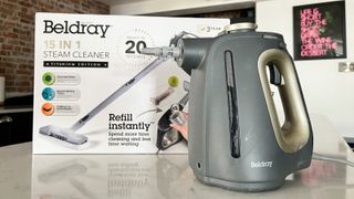 beldray 15 in 1 steam cleaner box and unit on cream kitchen worktop