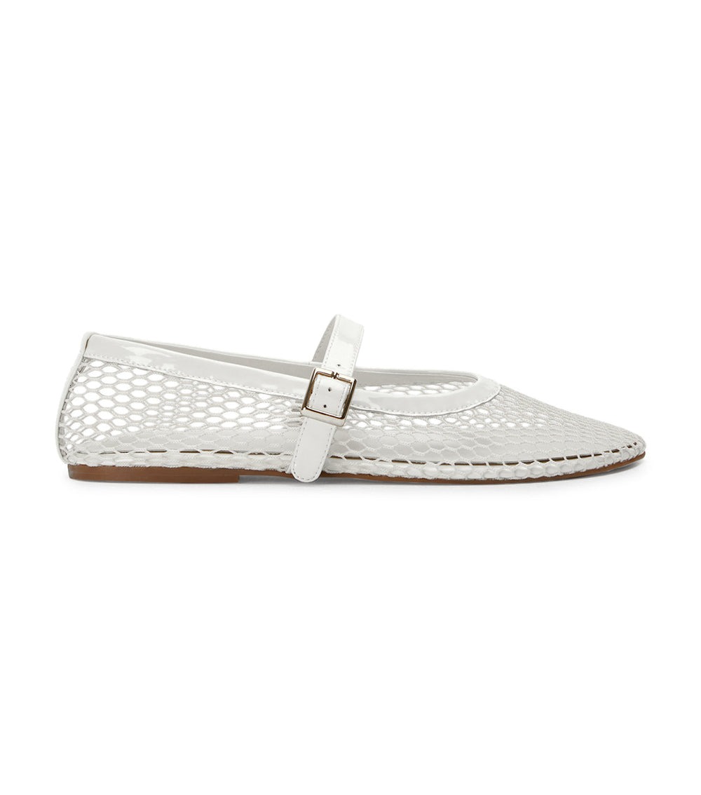 white mesh mary jane flats with leather strap