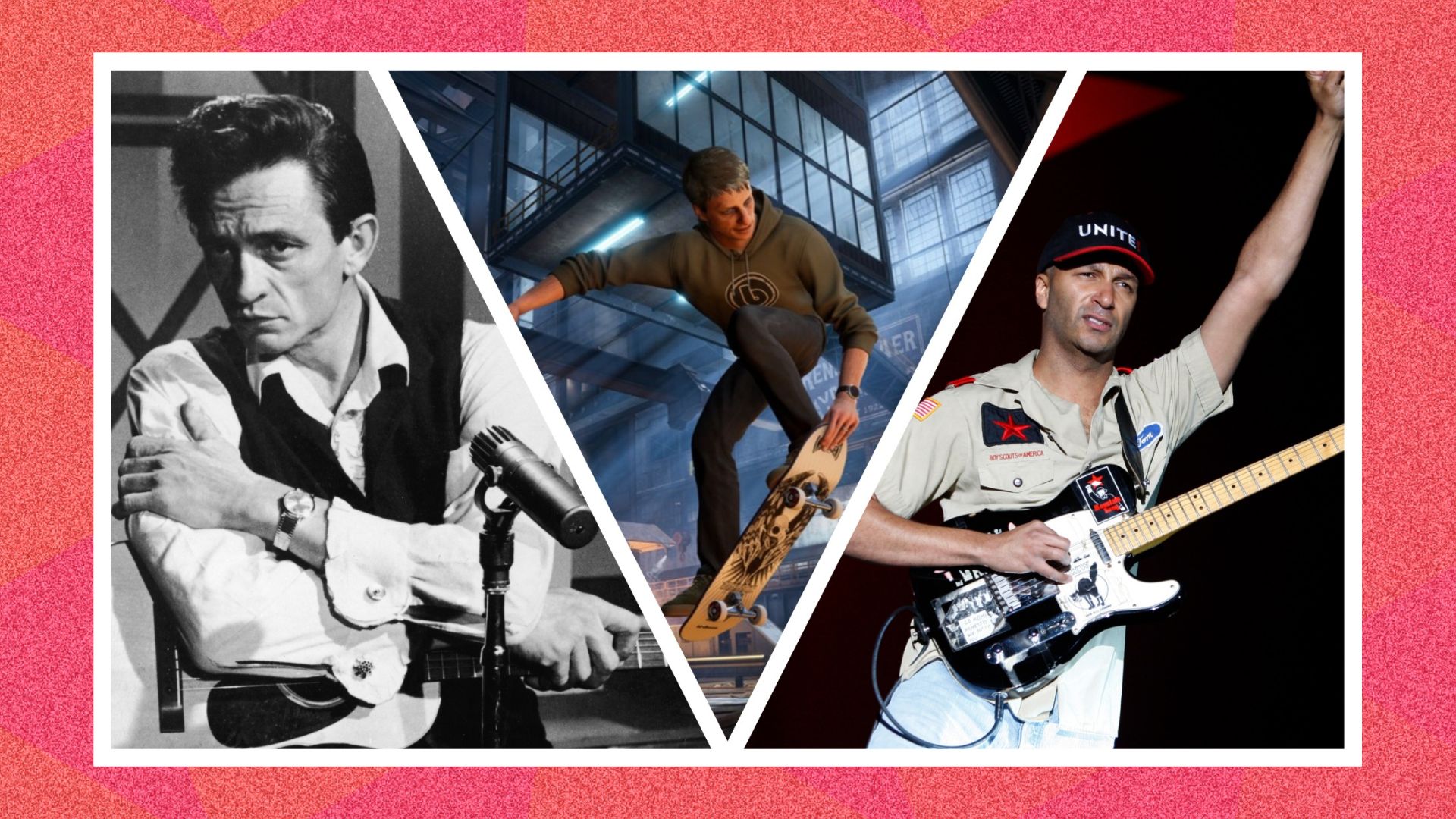 Photos of Johnny Cash and Tom Morello next to a screenshot from the Tony Hawk's Pro Skater games