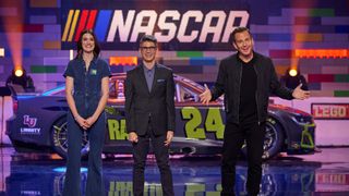 Judges Amy Corbett and Jamie Berard with host Will Arnett in the “Start Your Engines” episode of LEGO MASTERS