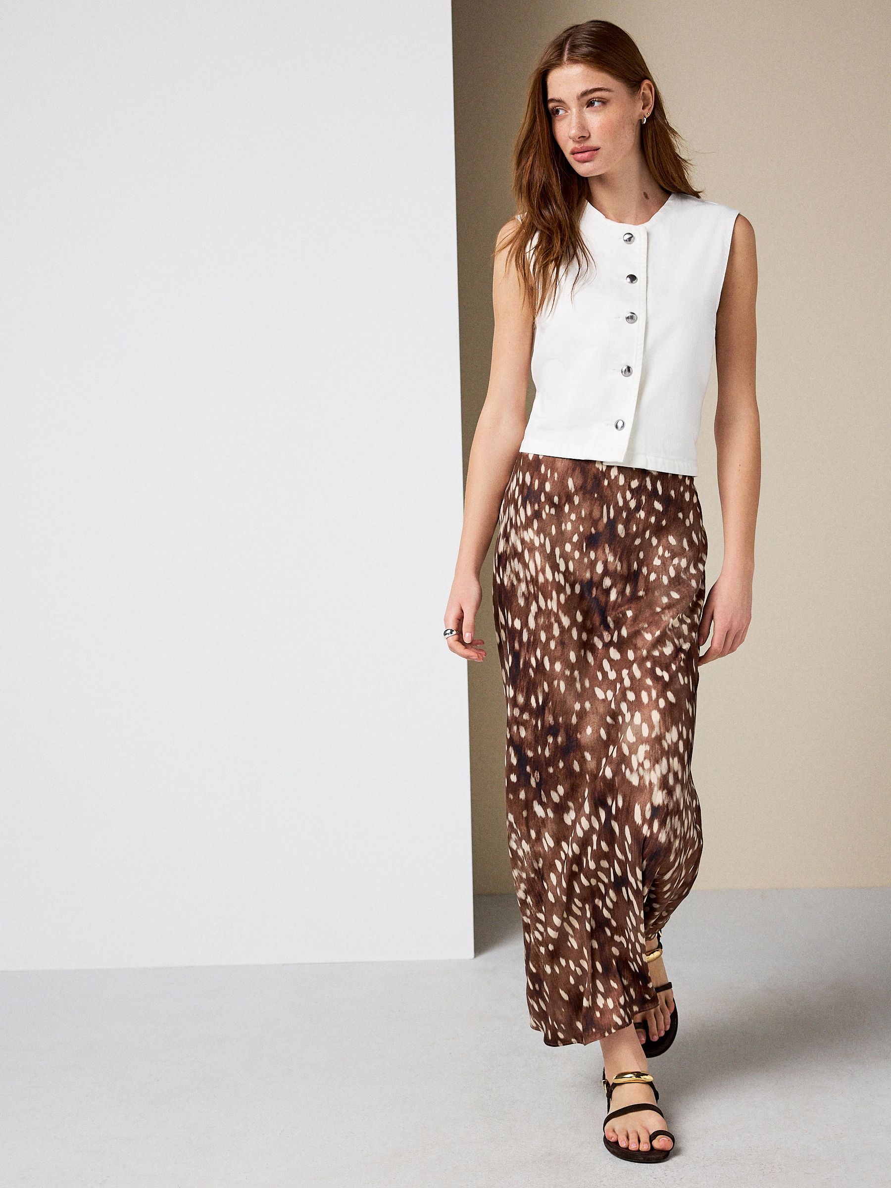 Brown Deer Print Satin Midi Skirt