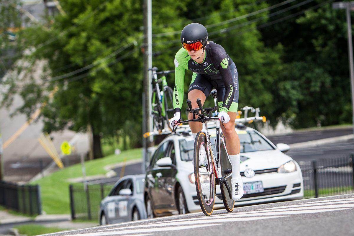 Alison Tetrick (Cylance) crests one of todays climbs along the course.