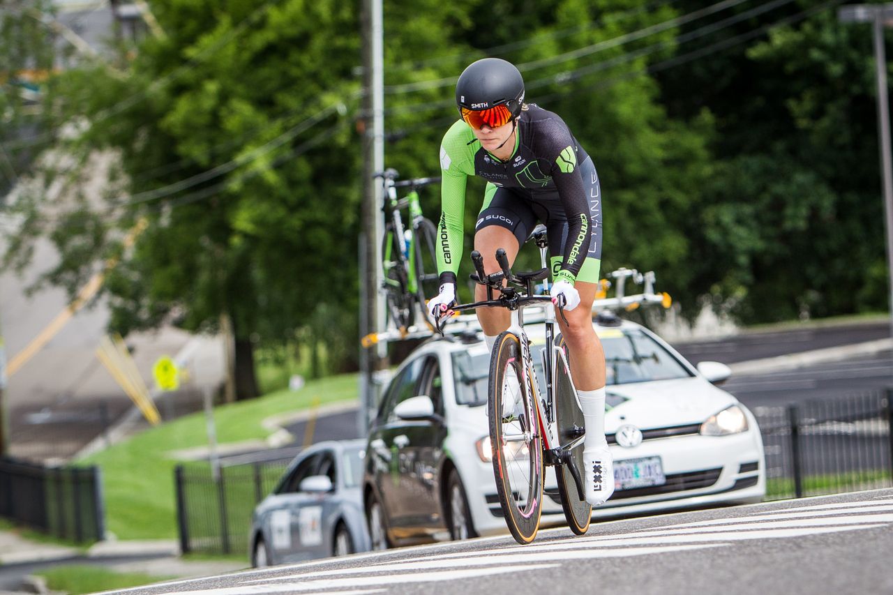 Alison Tetrick (Cylance) crests one of todays climbs along the course.