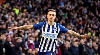 Leandro Trossard celebrates his goal which put Brighton in front