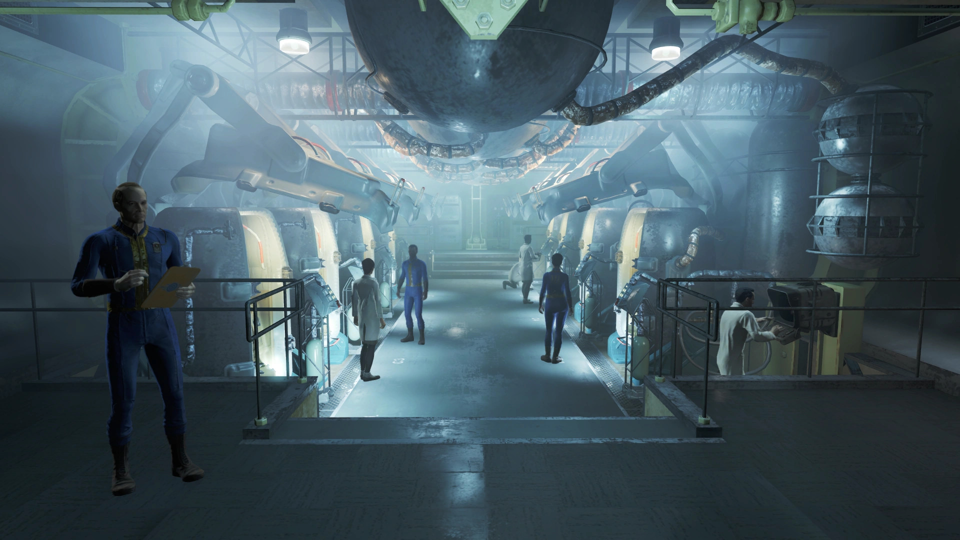 A group of Vault dwellers in Vault 111 during Fallout 4