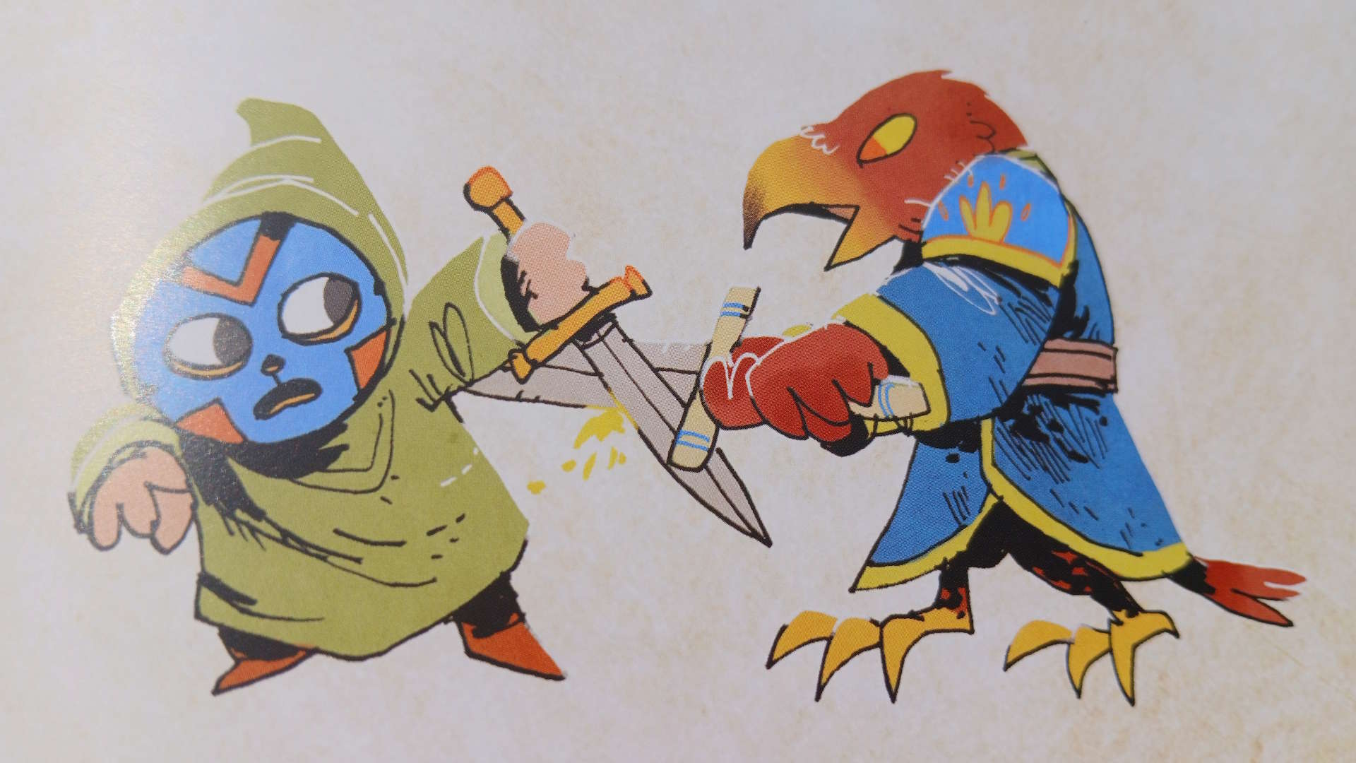 A masked creature in a hood fights off a bird with a sword, all against a plain background