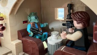 The iconic Han and Greedo scene in the Lego Mos Eisley Cantina