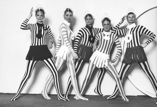 Stripe jersey bodysuits with wool strip skirts, Haute Couture A/W 1968