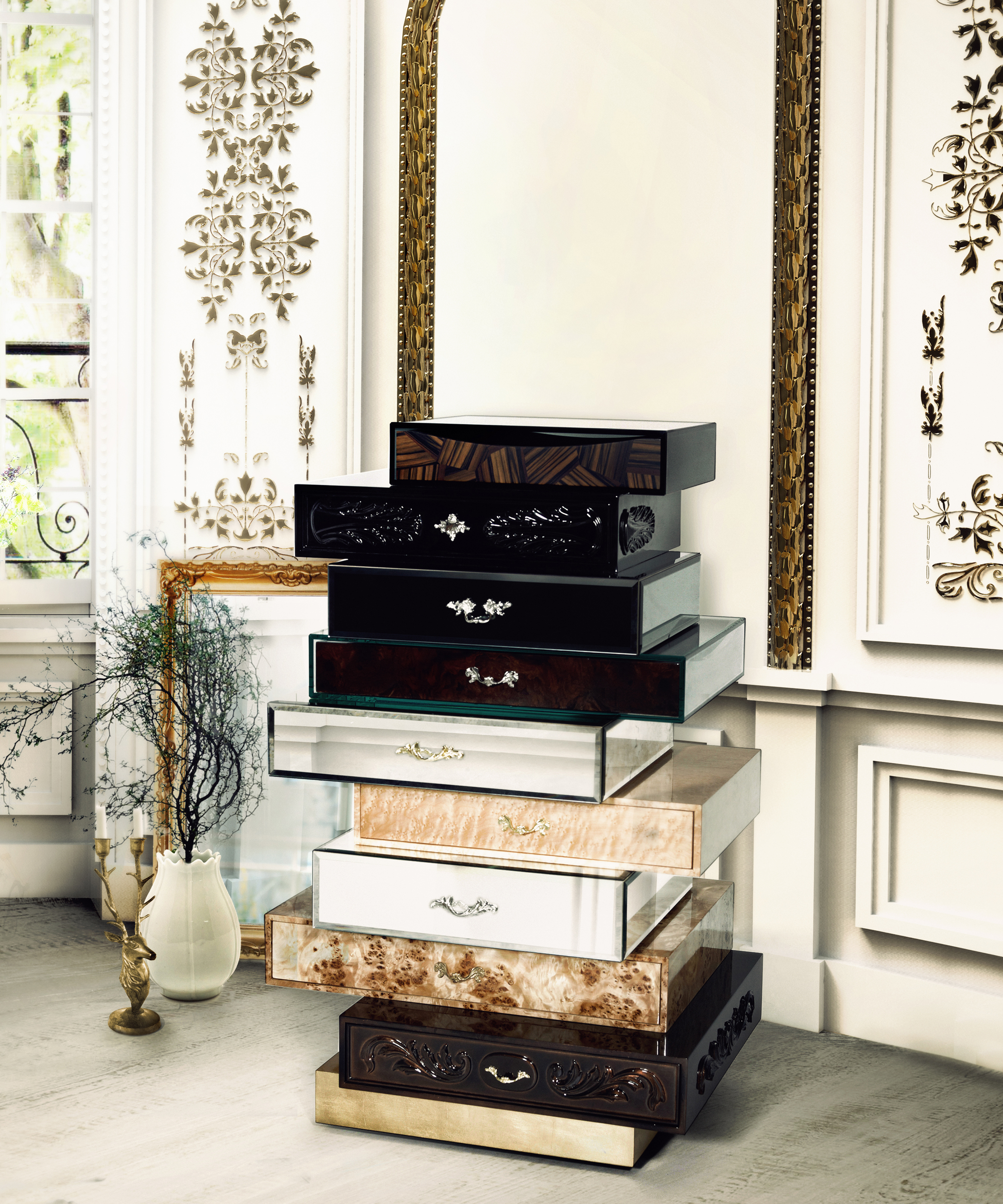 Expert tips on sourcing, cream and gold living room with suitcases