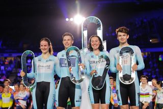 The league winners of the UCI Track Champions League standing with their trophies