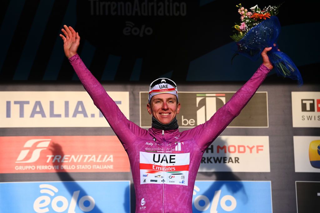 FERMO ITALY MARCH 11 Tadej Pogacar of Slovenia and UAE Team Emirates celebrates at podium as Purple Sprint Jersey winner during the 57th TirrenoAdriatico 2022 Stage 5 a 155km stage from Sefro to Fermo 317m TirrenoAdriatico WorldTour on March 11 2022 in Fermo Italy Photo by Tim de WaeleGetty Images