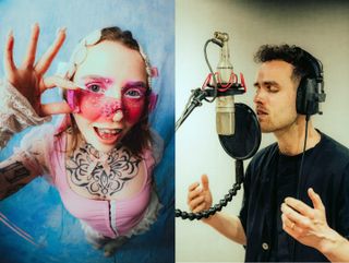 A split image showing artist Kaotii wearing pink goggles and striking a pose for a photo pop-up, next to Jordan Rakei wearing headphones and singing into a professional microphone in Studio 3.
