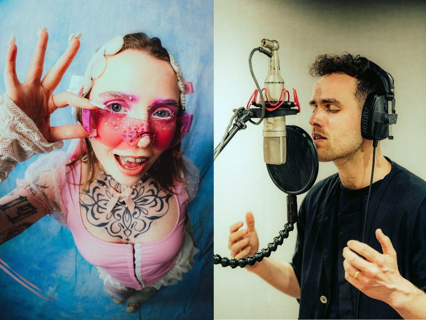 A split image showing artist Kaotii wearing pink goggles and striking a pose for a photo pop-up, next to Jordan Rakei wearing headphones and singing into a professional microphone in Studio 3.