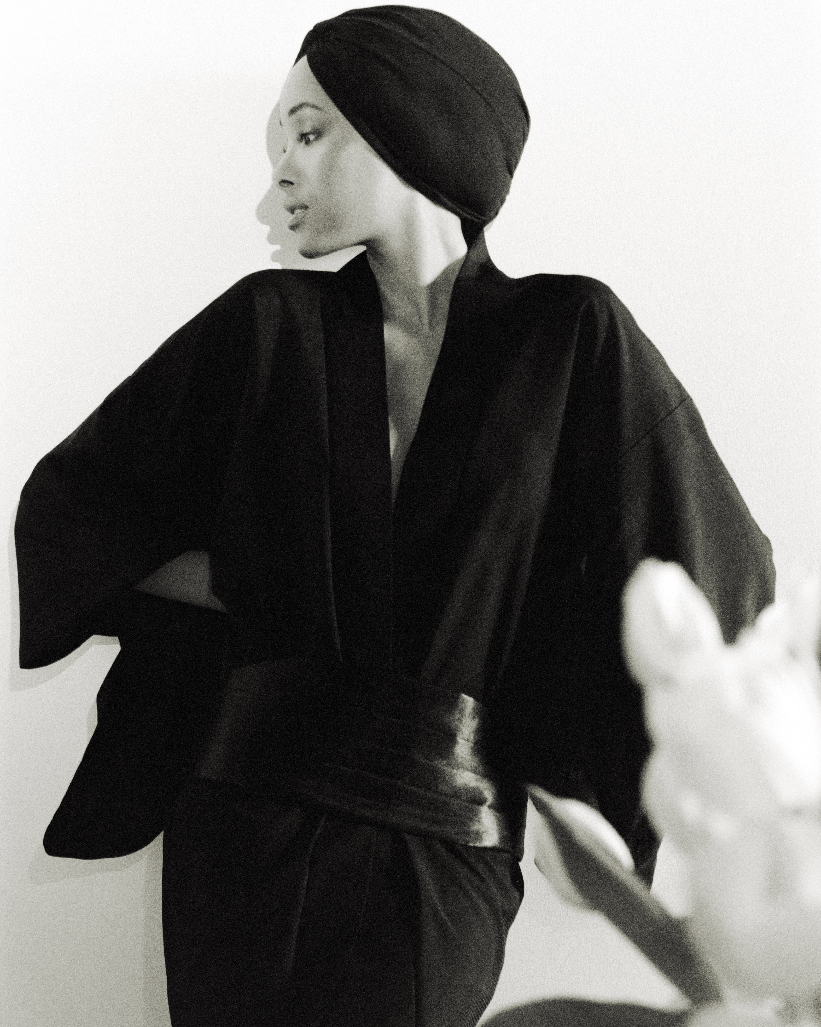 Model wearing the Atelier J&amp;eacute;a cummerbund.