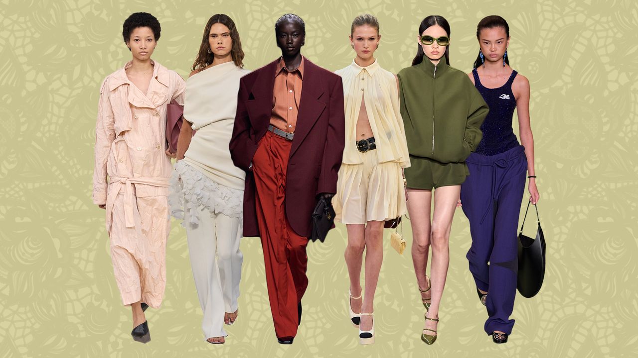 Collage of models wearing fashion color trends from the spring/summer 2025 runways.