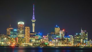 A shot of the skyline of Auckland, New Zealand at night