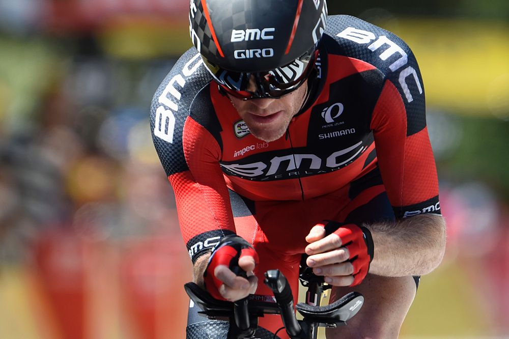 USA's Brent Bookwalter crosses the finish line of the 37,5 km individual time-trial