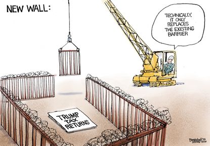 Political Cartoon U.S. Trump Obstruction Border Wall Tax Returns