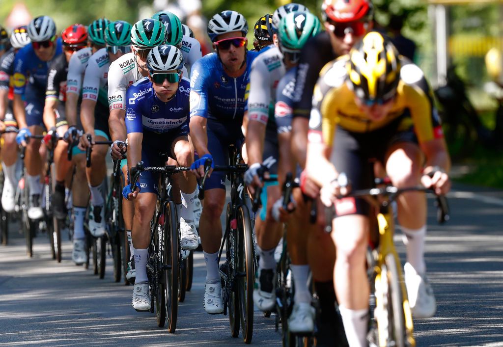 BERINGEN BELGIUM JUNE 13 Remco Evenepoel of Belgium and Team Deceuninck QuickStep Blue Leader Jersey during the 90th Baloise Belgium Tour 2021 Stage 5 a 1787km stage from Turnhout to Beringen baloisebelgiumtour on June 13 2021 in Beringen Belgium Photo by Bas CzerwinskiGetty Images