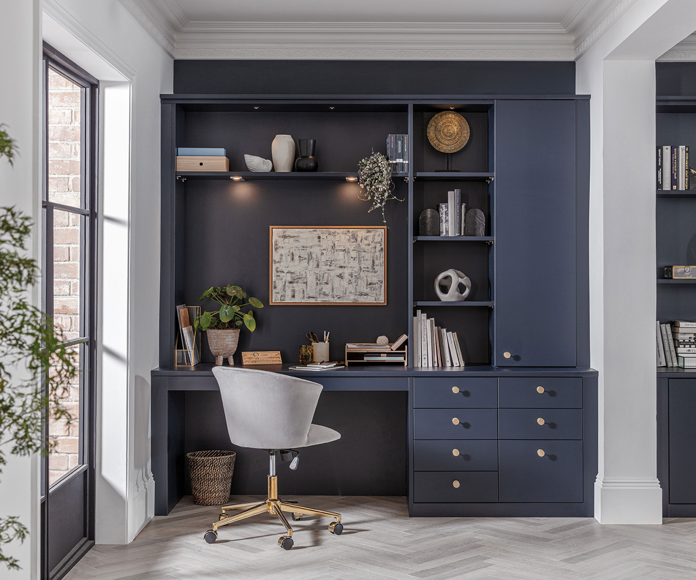 blue home office with fitted office furniture