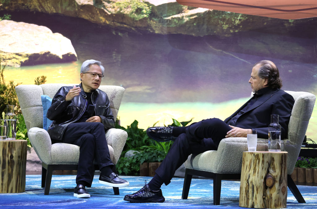 Nvidia CEO Jensen Huang (L) talks onstage with Salesforce CEO Marc Benioff (R) during Salesforce's Dreamforce on September 17, 2024 in San Francisco, California