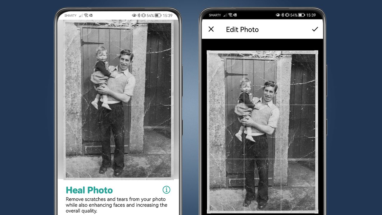 Two phones showing the Face Restore app fixing an old family photo