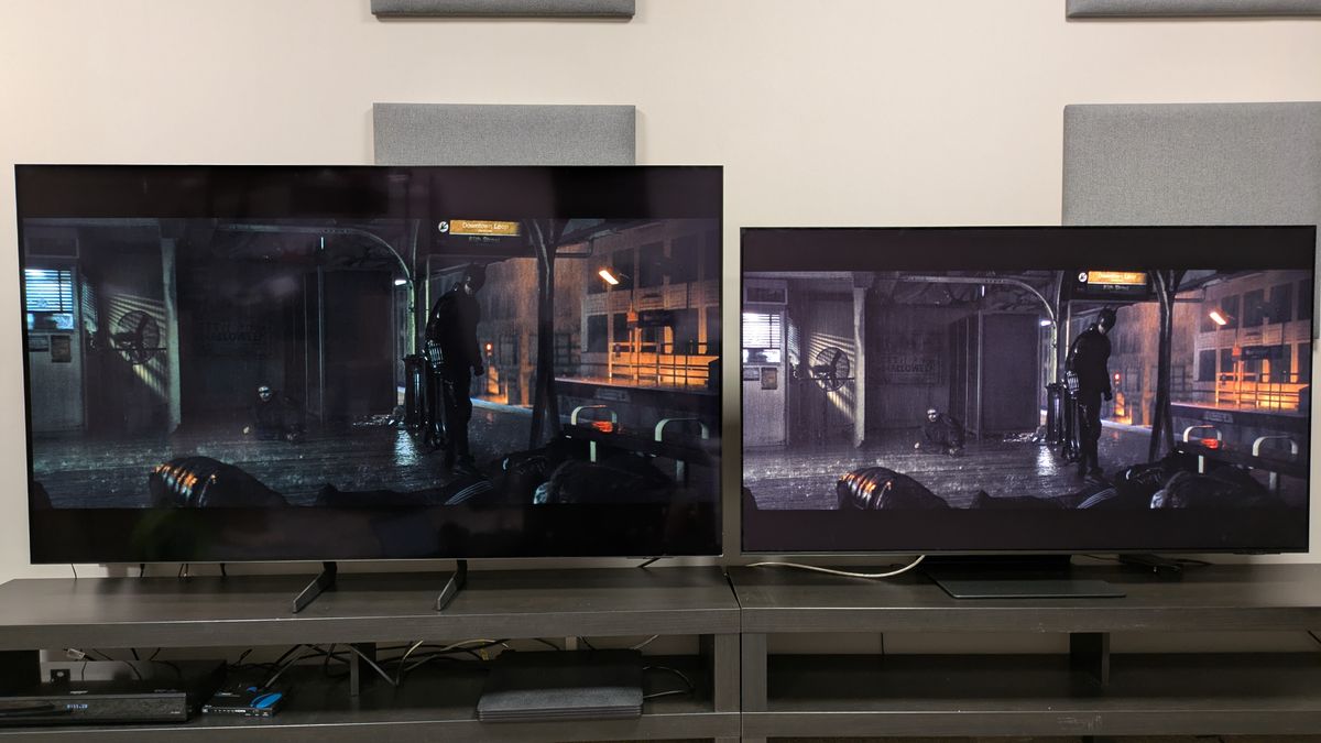 Samsung S85F (left) vs Samsung S95F (right) showing the subway fight scene from The Batman with both TVs in bright conditions