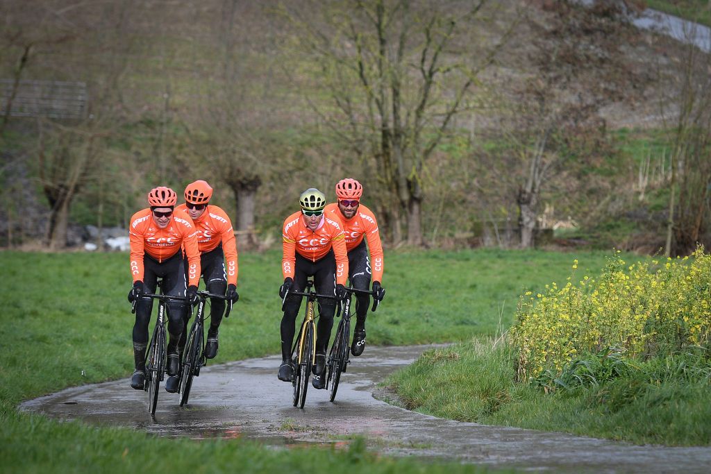 Belgian Gijs Van Hoecke of CCC Team Belgian Nathan Van Hooydonck of CCC Team Belgian Greg Van Avermaet of CCC Team and Belgian Guillaume Van Keirsbulk of CCC Team pictured in action during the reconnaissance of the track ahead of the 75th edition of the oneday cycling race Omloop Het Nieuwsblad Wednesday 26 February 2020 BELGA PHOTO DAVID STOCKMAN Photo by DAVID STOCKMANBELGA MAGAFP via Getty Images