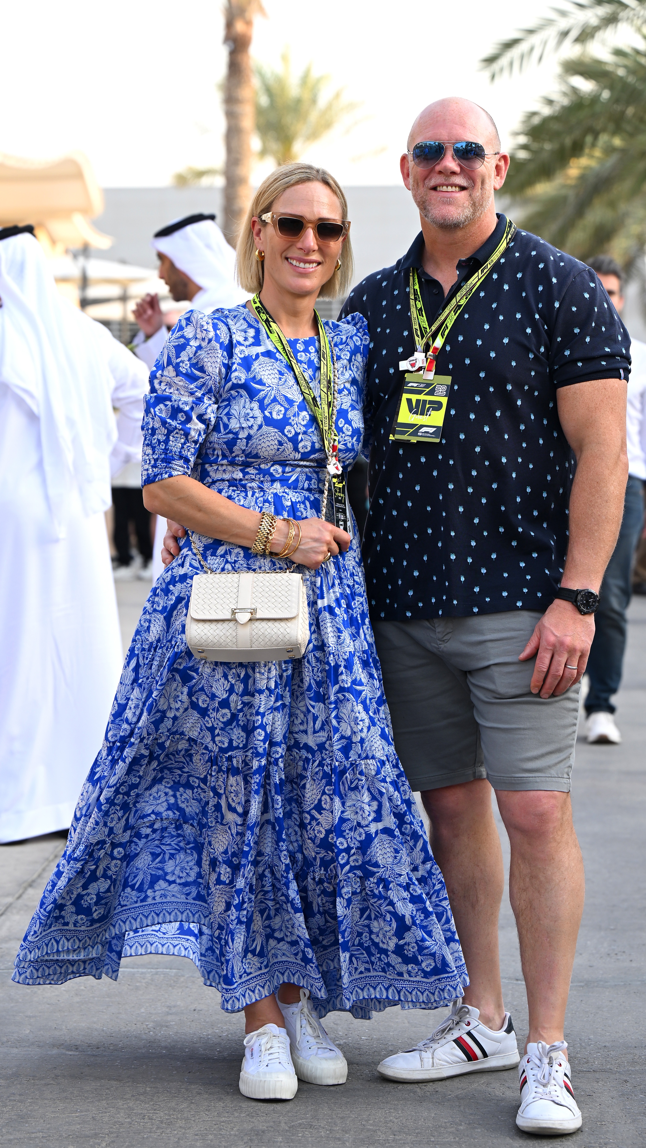 Zara and Mike Tindall in the Paddock during final practice ahead of the F1 Grand Prix of Bahrain at Bahrain International Circuit on April 12, 2025