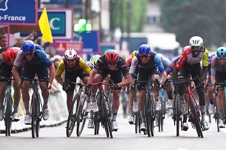 LENS FRANCE MAY 13 A general view of Pascal Ackermann of Germany and Team Israel Premier Tech Biniam Girmay of Eritrea and Team Intermarche Wanty Alberto Dainese of Italy and Team Tudor Pro Cycling Jake Stewart of Great Britain and Team Israel Premier Tech sprint at finish line to win the stage during the 1st Classique Dunkerque Grand prix des Hauts de France 2025 a 1935km one day race from Dunkerque to Lens on May 13 2025 in Lens France Photo by Luc ClaessenGetty Images